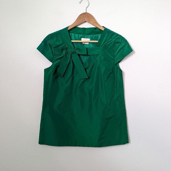 Kate Spade emerald pine green silk Mariel cut out bow v-neck cap sleeve blouse - Picture 2 of 6